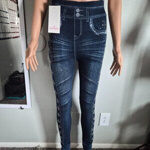 Leggings Park Womens Plus Size Denim Leggings with Rhinestone Design (L)